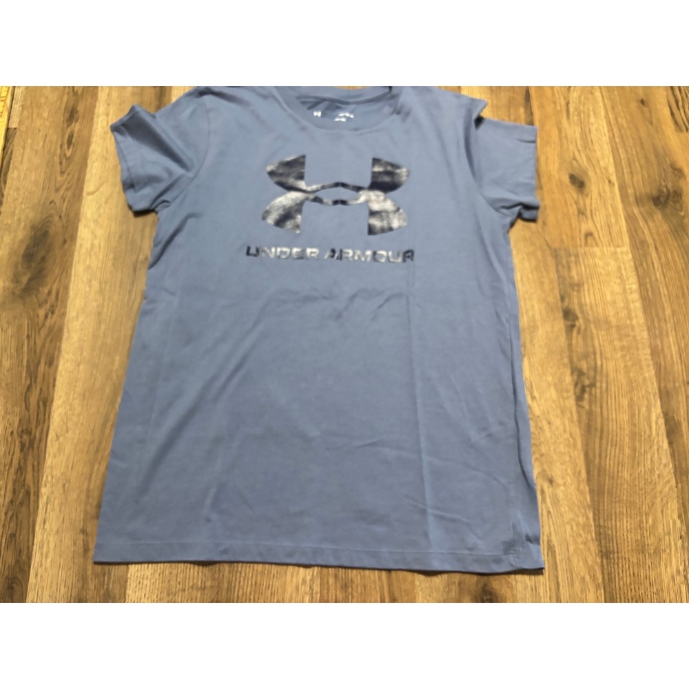 Under Armour Graphic Tee Women Medium Blue Adult Metallic Logo Short Sleeve